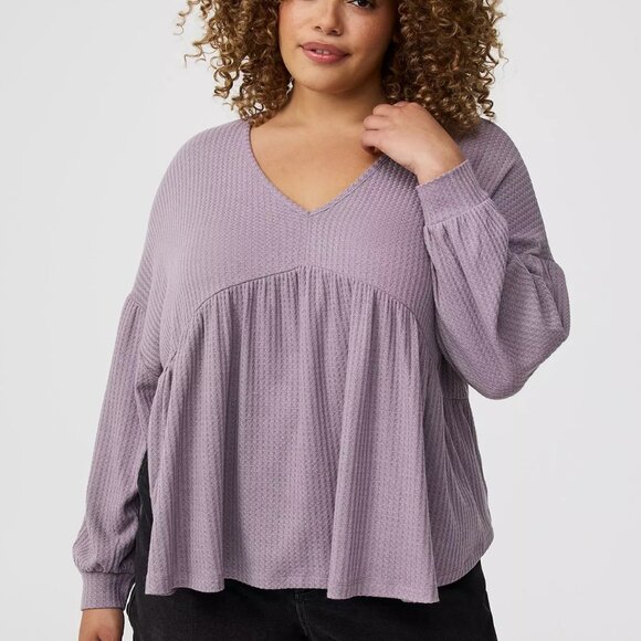 Torrid Top 2X Purple Waffle Knit Purple Relaxed Fit Long Sleeves Babydoll Plus - Picture 1 of 6